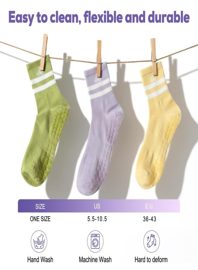 ElaraFit 4 Pack Pilates Grip Socks for Women with Grips Non Slip Yoga Socks for Pilates Reformer Barre Ballet Sticky Grippy Ankle Crew Socks Off-white Green Yellow Purple - Image 4